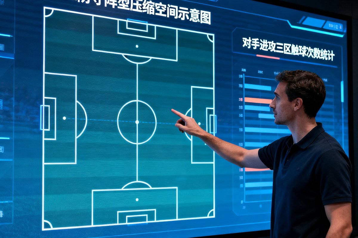 战术分析师站在大型触摸屏幕前，手指指向上面显示的4-4-2防守阵型压缩空间示意图，旁边标注着对手进攻三区触球次数统计